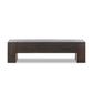 Rustic oak veneer accent bench with chunky squared legs, clean Parsons lines, and dovetail joinery detailing. Dark brown wormwood-like finish. Sturdy, minimalist design perfect for entryways or living spaces.