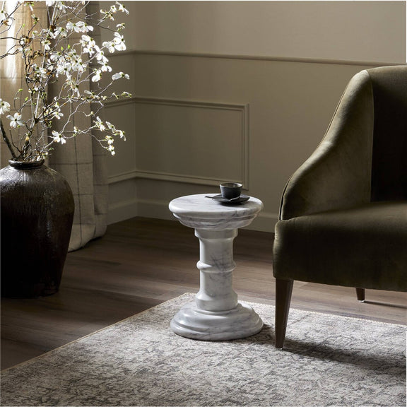 Cyprus End Table - Veined White Marble Solid
