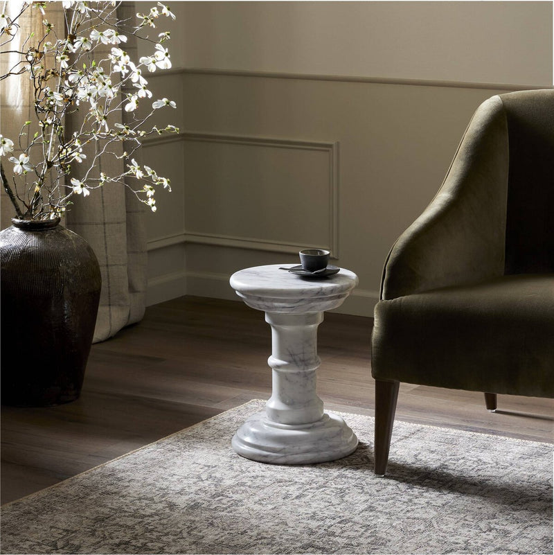 Cyprus End Table - Veined White Marble Solid