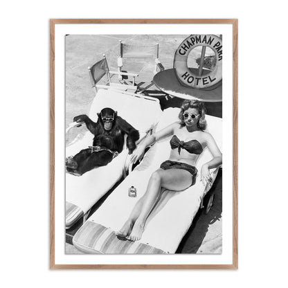 Woman Sunbathing With Chimpanzee	by Getty Images - Rustic Walnut
