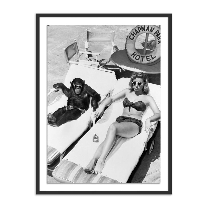 Woman Sunbathing With Chimpanzee	by Getty Images - Black Maple