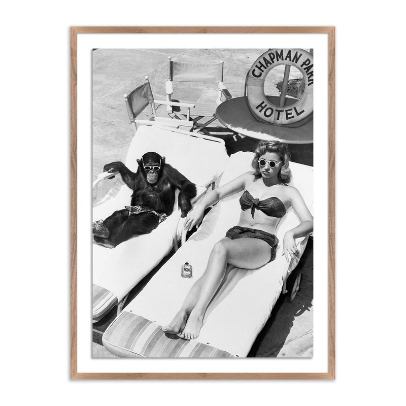 Woman Sunbathing With Chimpanzee	by Getty Images - Rustic Walnut