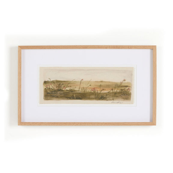 Framed watercolor landscape painting depicting a serene grassland scene with muted earth tones, showcasing Shaina Page's artistic style inspired by faith and nature