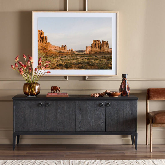 Alden Media Console - Worn Black Oak Veneer