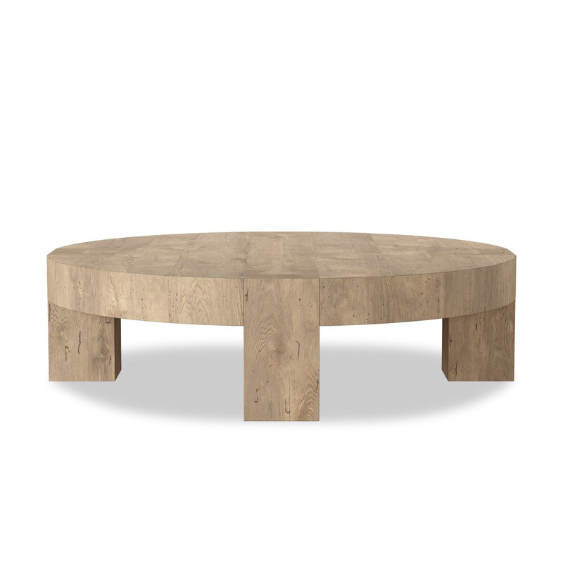 Abaso Round Coffee Table - Whitewash Rustic Wormwood Oak