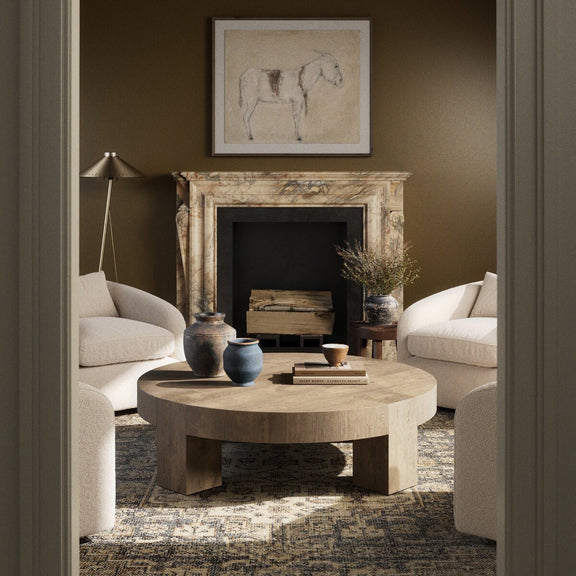 Abaso Round Coffee Table - Whitewash Rustic Wormwood Oak