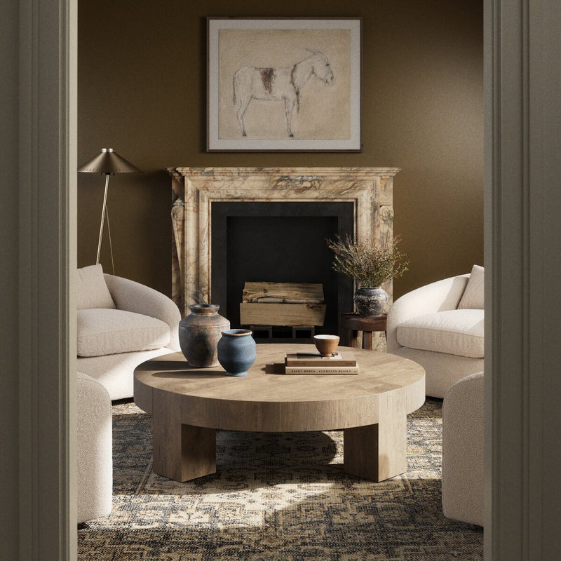 Abaso Round Coffee Table - Whitewash Rustic Wormwood Oak
