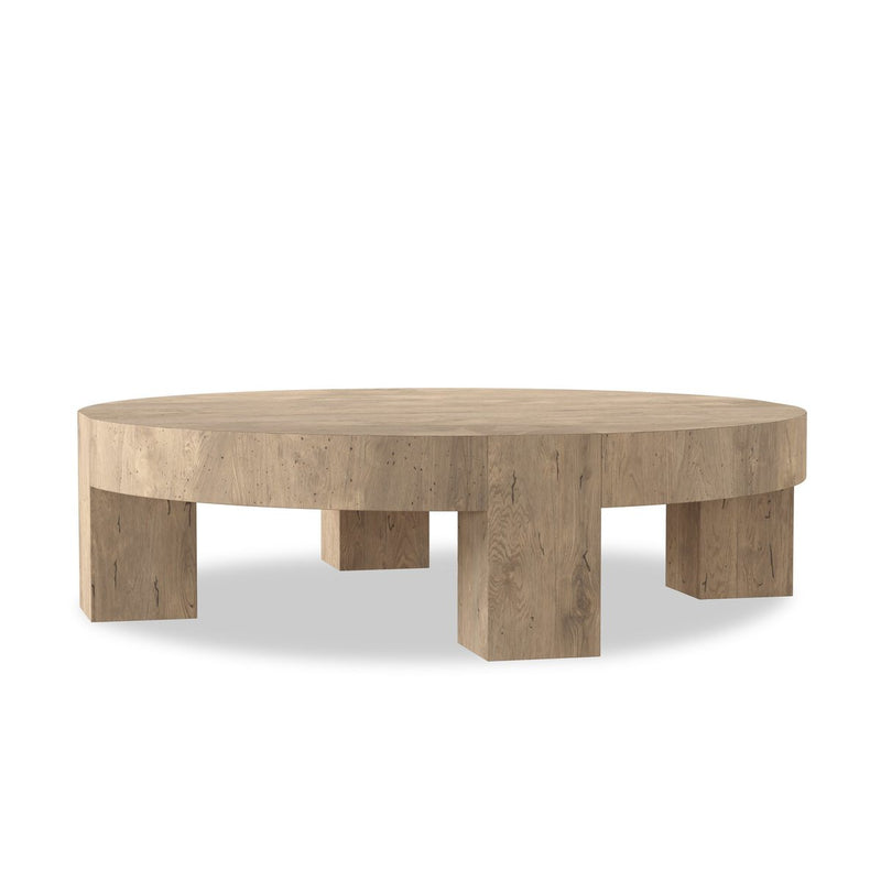 Abaso Round Coffee Table - Whitewash Rustic Wormwood Oak