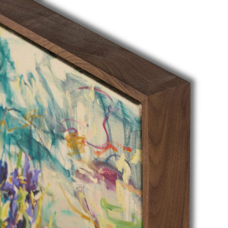 Irises by The Pond by Lilia Orlova-Holmes - Rustic Walnut Floater