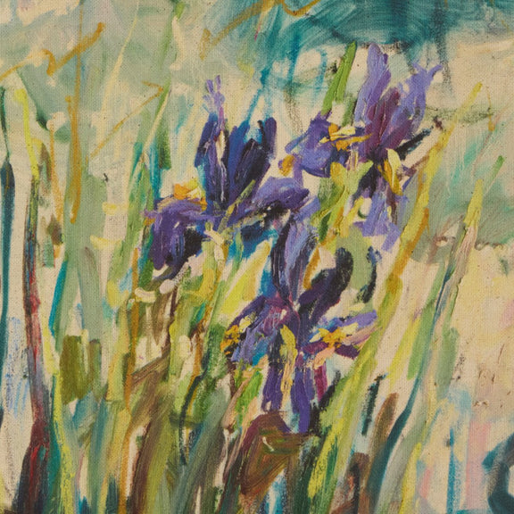 Irises by The Pond by Lilia Orlova-Holmes - Rustic Walnut Floater
