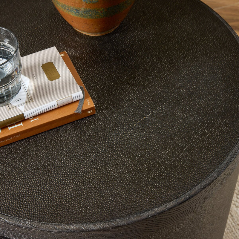 Bucco Round End Table - Black Faux Shagreen