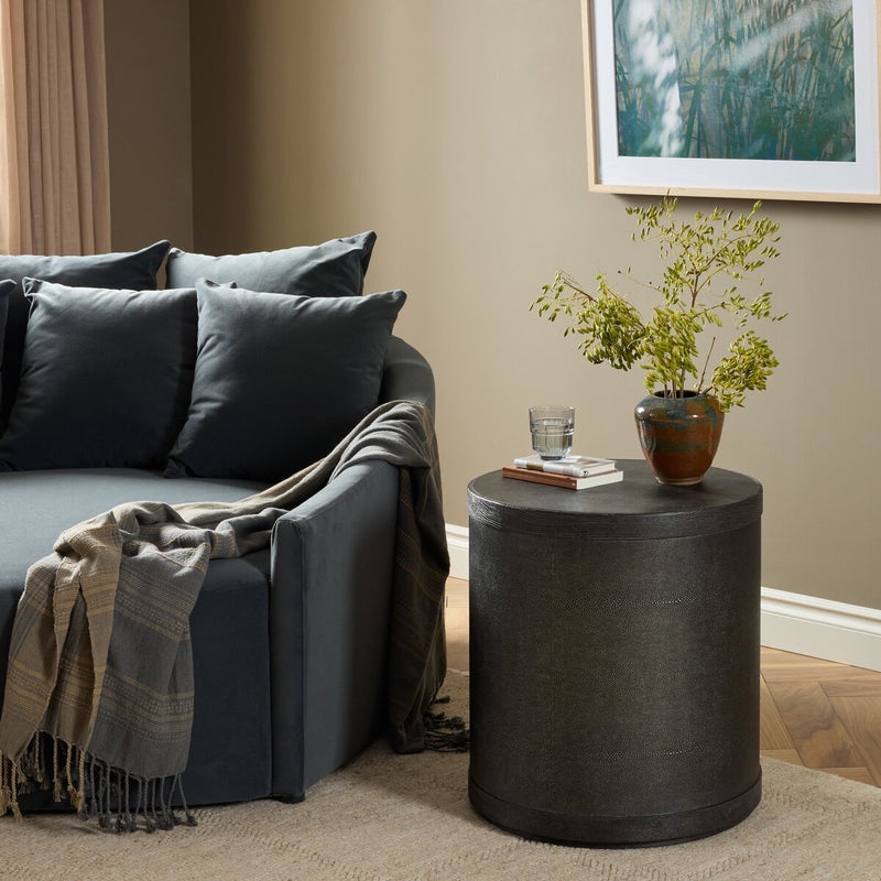 Bucco Round End Table - Black Faux Shagreen