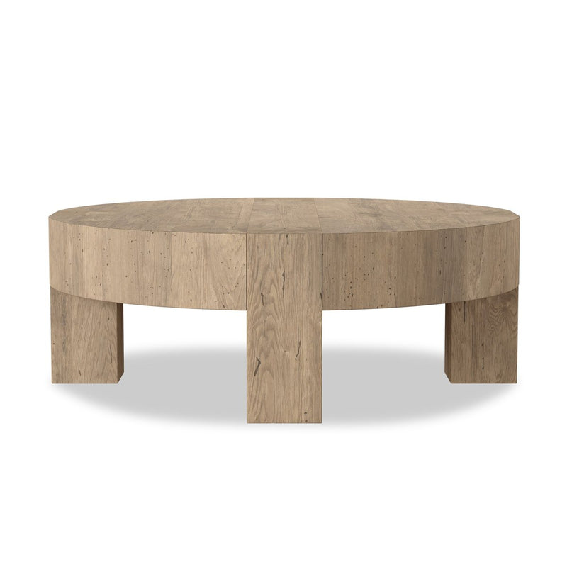 Abaso Round Coffee Table - Whitewash Rustic Wormwood Oak