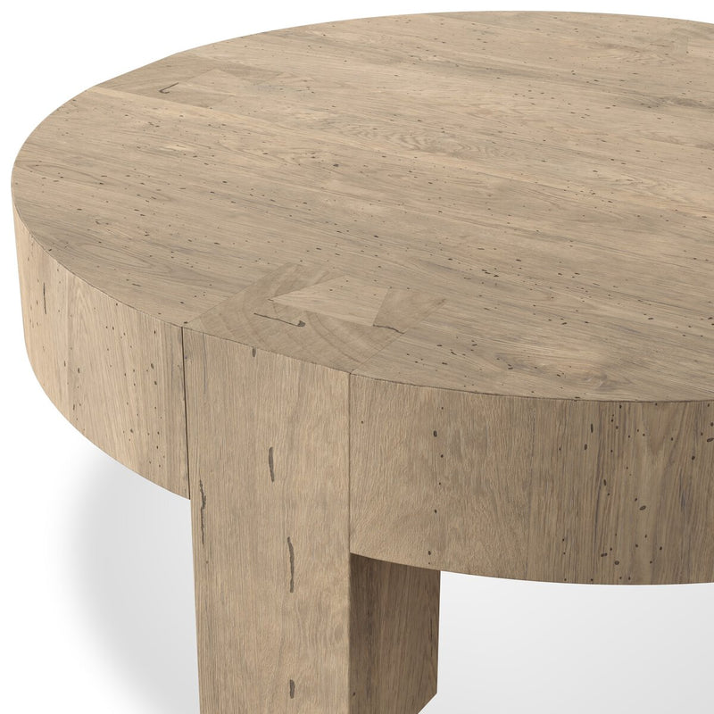 Abaso Round Coffee Table - Whitewash Rustic Wormwood Oak