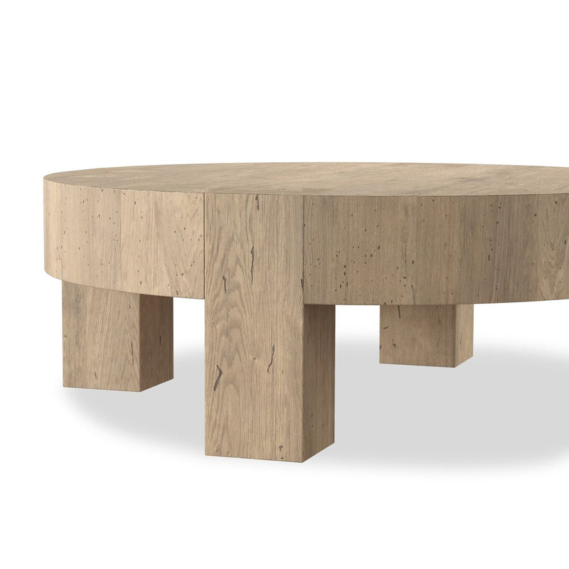 Abaso Round Coffee Table - Whitewash Rustic Wormwood Oak
