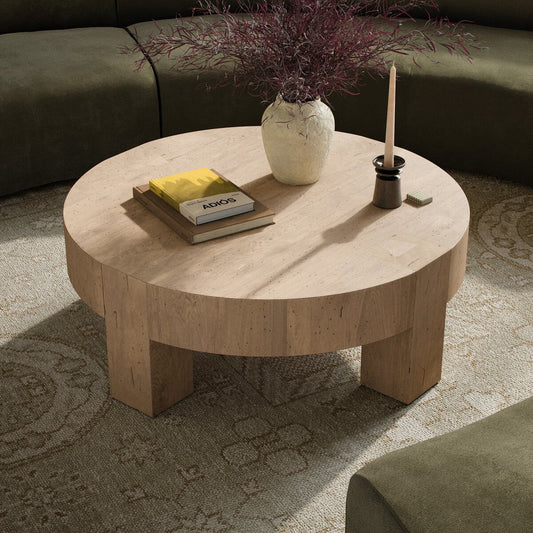 Abaso Round Coffee Table - Whitewash Rustic Wormwood Oak