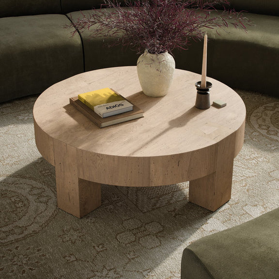 Abaso Round Coffee Table - Whitewash Rustic Wormwood Oak
