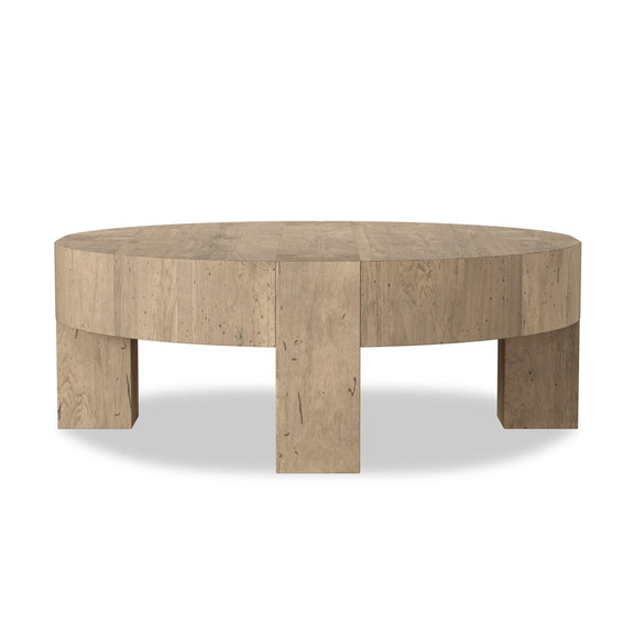 Abaso Round Coffee Table - Whitewash Rustic Wormwood Oak