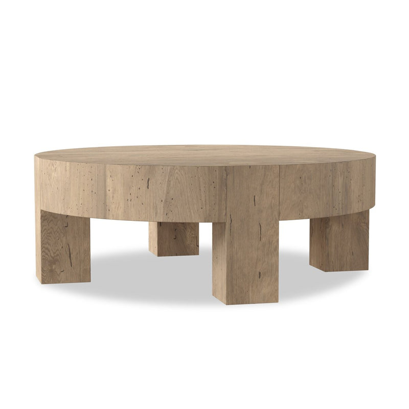 Abaso Round Coffee Table - Whitewash Rustic Wormwood Oak