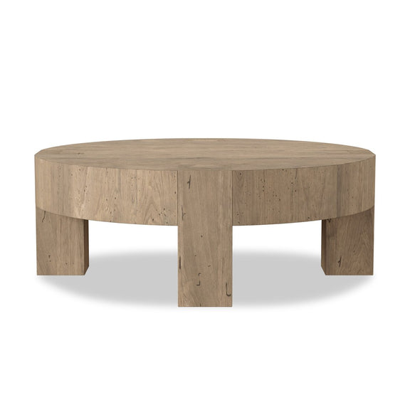 Abaso Round Coffee Table - Whitewash Rustic Wormwood Oak