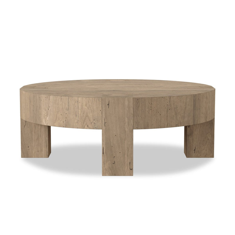 Abaso Round Coffee Table - Whitewash Rustic Wormwood Oak