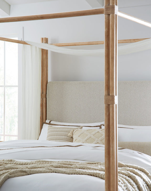 Retreat Pole Rattan Upholstered Poster Bed withCanopy - Dune
