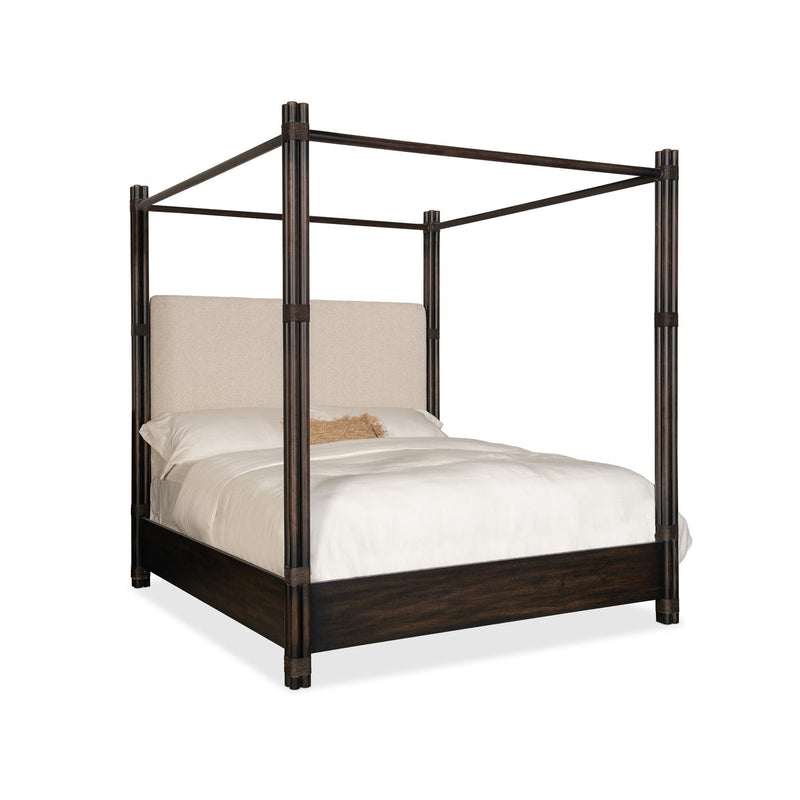 Retreat Pole Rattan Upholstered Poster Bed withCanopy - Black Sand