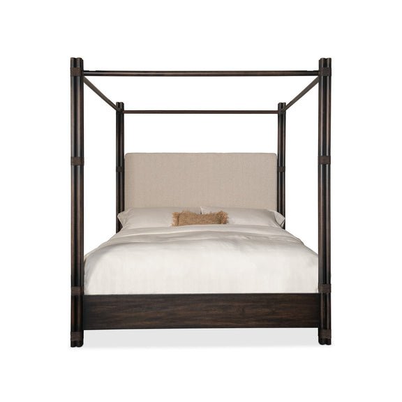 Retreat Pole Rattan Upholstered Poster Bed withCanopy - Black Sand