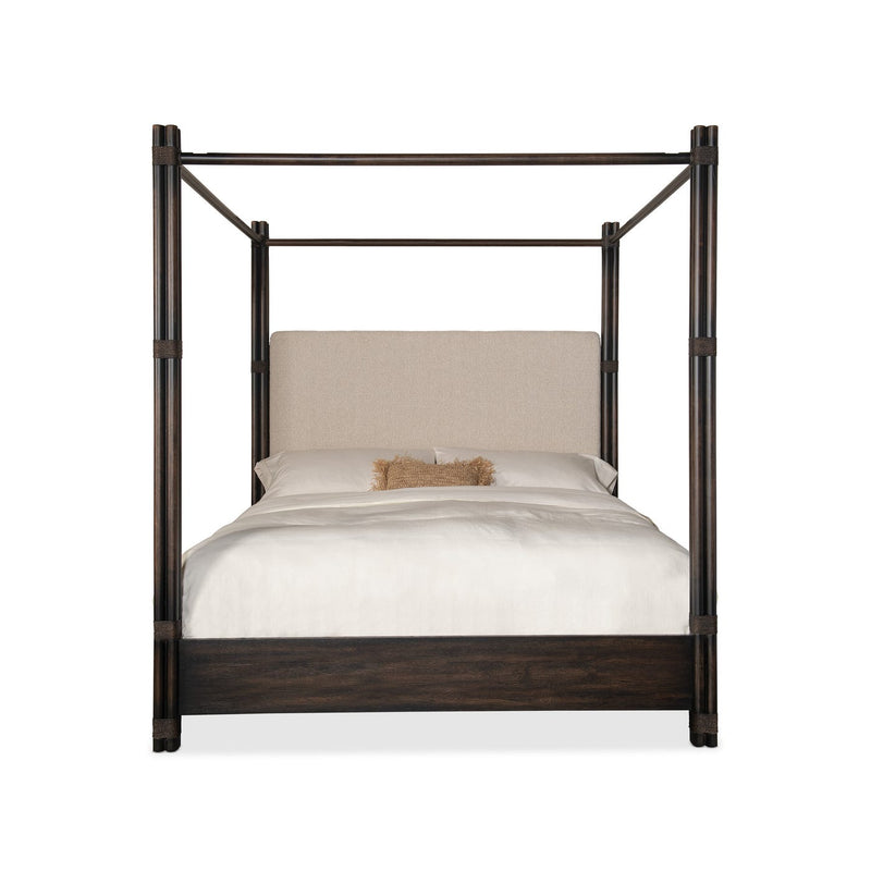 Retreat Pole Rattan Upholstered Poster Bed withCanopy - Black Sand
