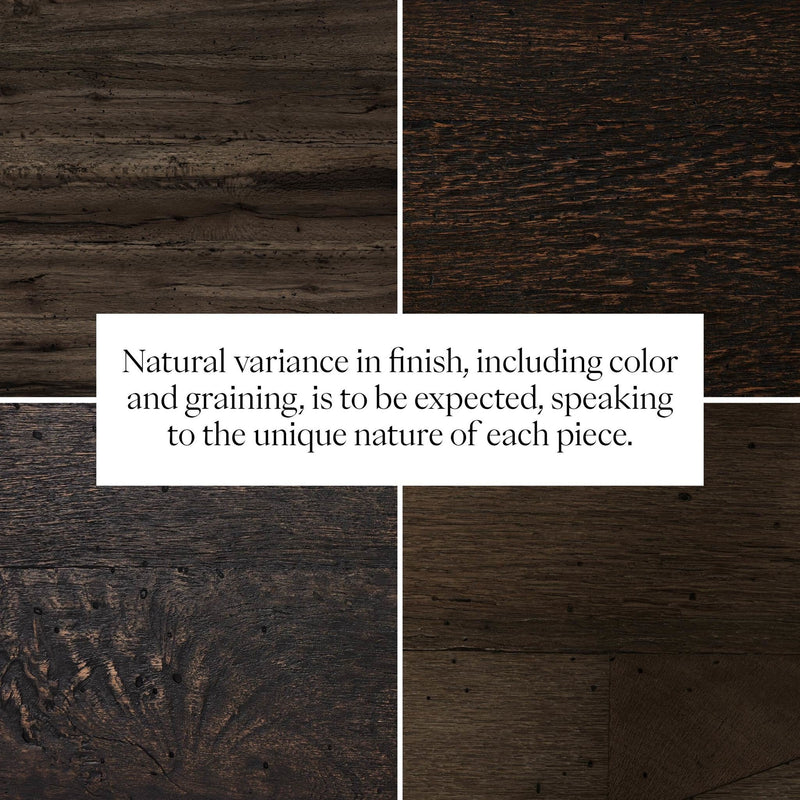 Wood samples showcasing natural variance in oak veneer finishes for Abaso Accent Bench, displaying diverse colors and graining patterns. Text explains uniqueness of each piece.