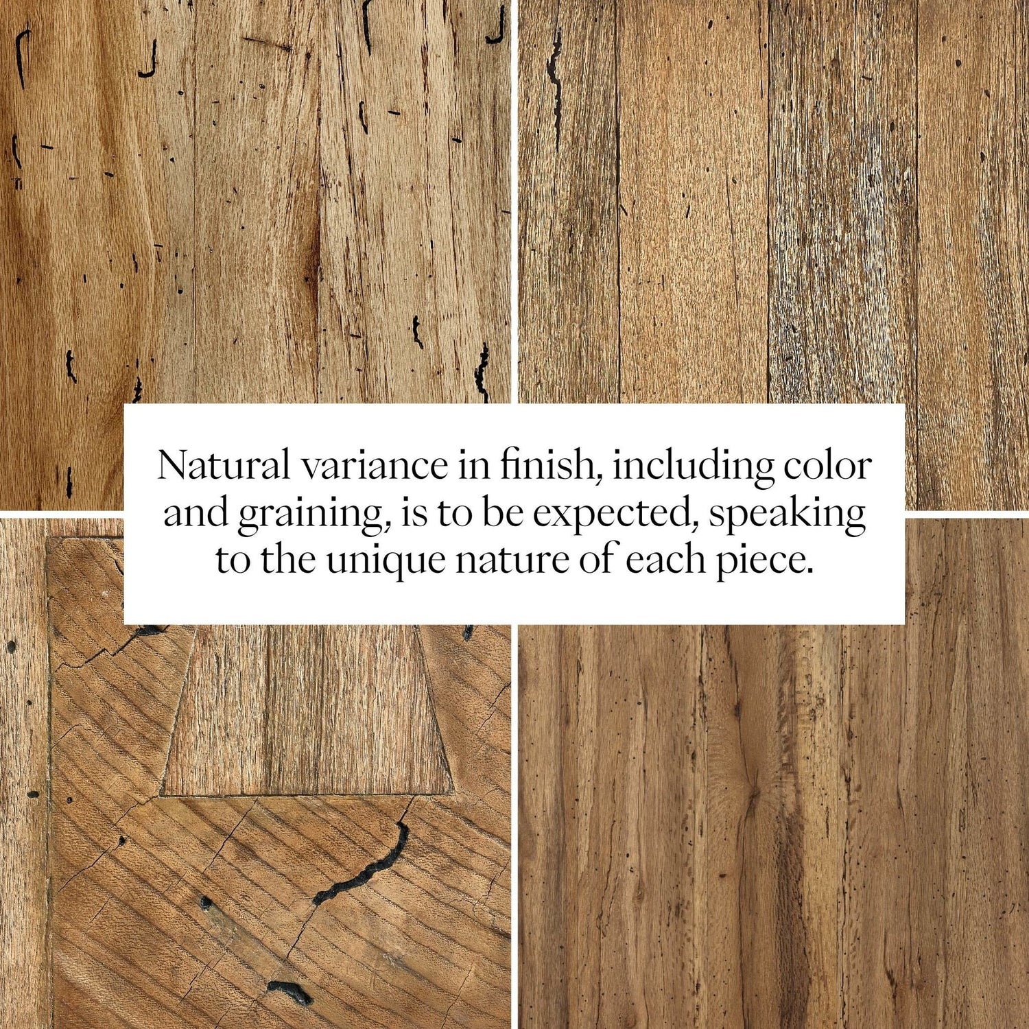 Close-up of rustic oak wood panels with natural graining and color variations, showcasing the unique character of Abaso Accent Bench material. Text overlay describes expected natural variance in finish.